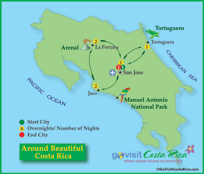 Around Beautiful Costa Rica Tour Map