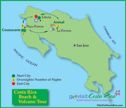 Costa Rica Beach & Volcano Tour Map