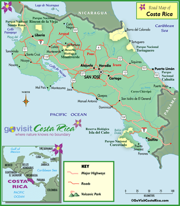 Map Of Costa Rica Airports. Costa Rica Road Map