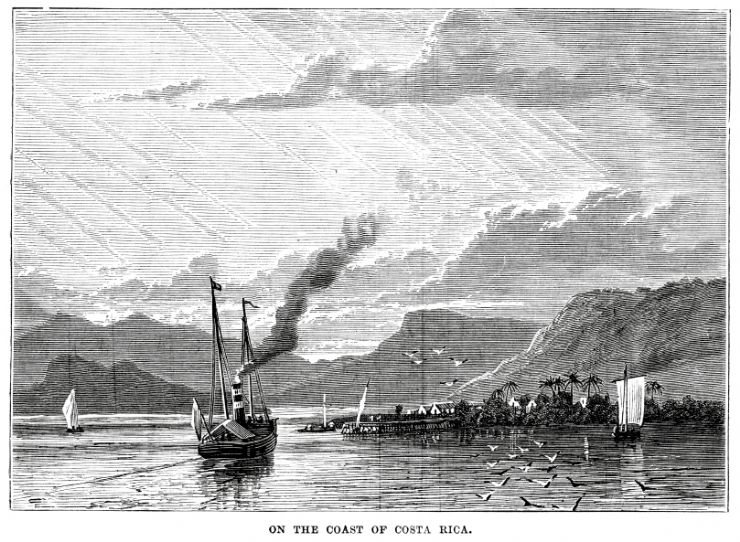 Vintage engraving from 1878 showing the Nicoya Peninsula of Costa Rica