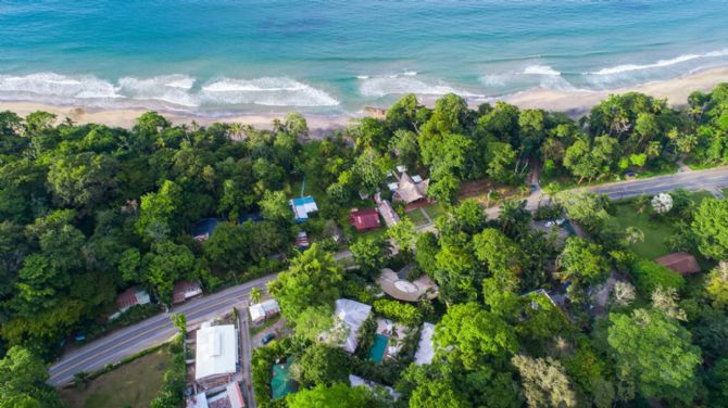 Aerial view of Puerto Viejo and Le Cameleon Boutique Hotel