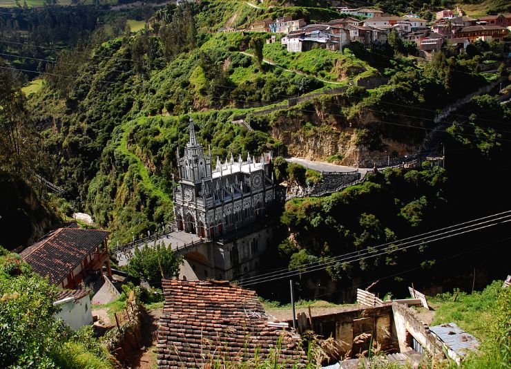 Amazing aerial view of Las Lajas Cathedral