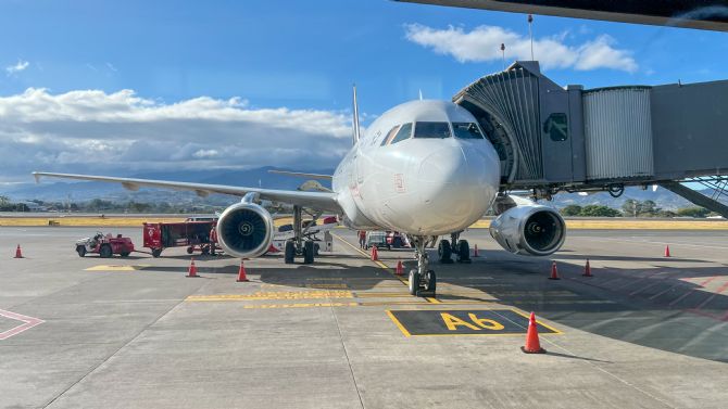 Airplane at terminal at the San José Intl Airport in Costa Rica