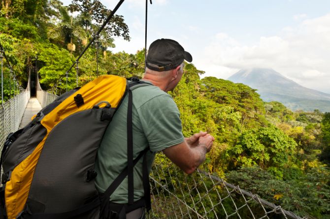 Checking out Arenal Volcano from a hanging bridge