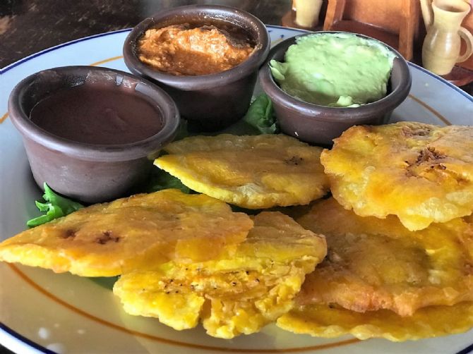 Patacones with Avocado Black Bean Dip