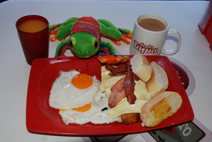 Javi the Frog eating typical costarican breakfast in a San Jose soda