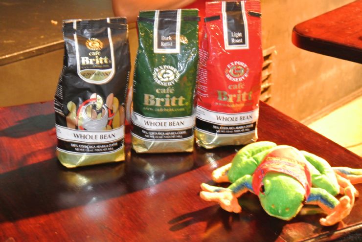 Javi the Frog with Cafe Britt bags