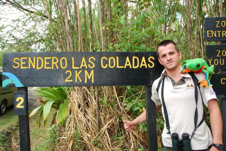 Javi the Frog with guide in Las Coladas trail at Arenal Volcano Natl. Park