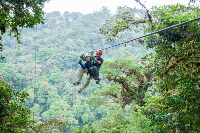 Kid doing canopy with guide at Monteverde Sky Adventures